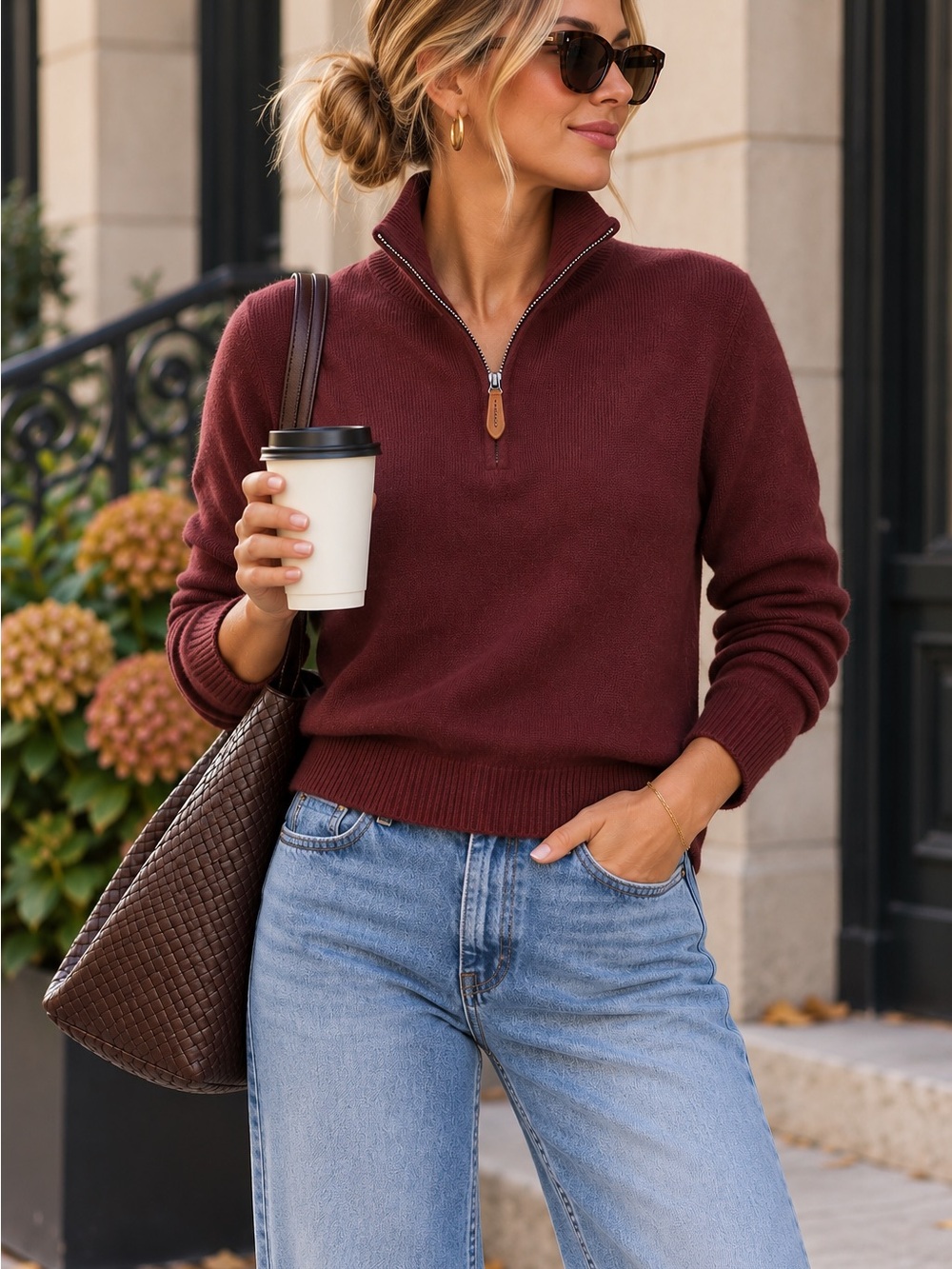 J.Crew Women’s Burgundy 100% Cotton Quarter Zip Sweater Small